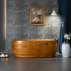 WOODBRIDGE 67" Freestanding Handcrafted Natural Wood Soaking Bathtub With Wood Lid, Wood Seat, Pillow And Chrome Pop Up Drain, WB1028