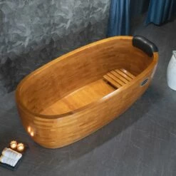 WOODBRIDGE 67" Freestanding Handcrafted Natural Wood Soaking Bathtub With Wood Lid, Wood Seat, Pillow And Chrome Pop Up Drain, WB1028 -Woodbridgebath Shop 202309281022076NQE9V8L thumb 600x600