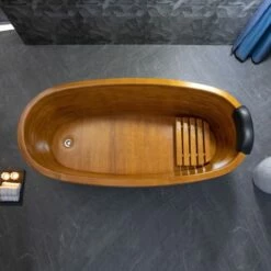 WOODBRIDGE 67" Freestanding Handcrafted Natural Wood Soaking Bathtub With Wood Lid, Wood Seat, Pillow And Chrome Pop Up Drain, WB1028 -Woodbridgebath Shop 20230928102401LB1FJ1S2 thumb 600x600