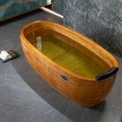 WOODBRIDGE 67" Freestanding Handcrafted Natural Wood Soaking Bathtub With Wood Lid, Wood Seat, Pillow And Chrome Pop Up Drain, WB1028 -Woodbridgebath Shop 20230928102413KQ210UOZ thumb 600x600