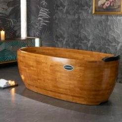 WOODBRIDGE 67" Freestanding Handcrafted Natural Wood Soaking Bathtub With Wood Lid, Wood Seat, Pillow And Chrome Pop Up Drain, WB1028 -Woodbridgebath Shop 20230928102419KO292BV9 thumb 600x600