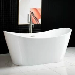 WOODBRIDGE 67" Acrylic Freestanding Bathtub Contemporary Soaking Tub With Brushed Nickel Overflow And Drain,White Tub,B0010-B/N-Drain&O -Woodbridgebath Shop 5dcbaf7e7d0a4 thumb 600x600