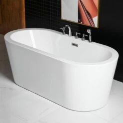 WOODBRIDGE 59" Acrylic Freestanding Bathtub Contemporary Soaking Tub With Brushed Nickel Overflow And Drain,White Tub,B0012-B/N-Drain&O -Woodbridgebath Shop 5dcbb09a275f7 thumb 600x600