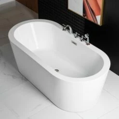 WOODBRIDGE 59" Acrylic Freestanding Bathtub Contemporary Soaking Tub With Brushed Nickel Overflow And Drain,White Tub,B0012-B/N-Drain&O -Woodbridgebath Shop 5dcbb09a42a09 thumb 600x600