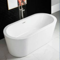 WOODBRIDGE 59" Acrylic Freestanding Bathtub Contemporary Soaking Tub With Brushed Nickel Overflow And Drain,White Tub,B0012-B/N-Drain&O -Woodbridgebath Shop 5dcbb09b66481 thumb 600x600