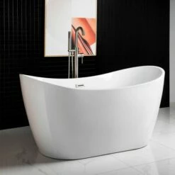 WOODBRIDGE 59" Acrylic Freestanding Bathtub Contemporary Soaking Tub With Brushed Nickel Overflow And Drain,White Tub,B0016-B/N-Drain&O