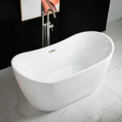 WOODBRIDGE 59" Acrylic Freestanding Bathtub Contemporary Soaking Tub With Brushed Nickel Overflow And Drain,White Tub,B0016-B/N-Drain&O -Woodbridgebath Shop 5dcbb23461595 thumb 600x600