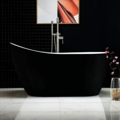 WOODBRIDGE B-1807 Acrylic Freestanding Contemporary Soaking Tub With Brushed Nickel Overflow And Drain BTA1807-B, 54" Bathtub Black