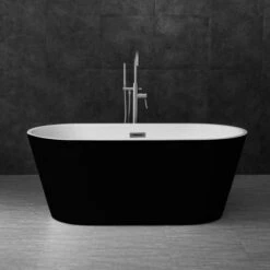 WOODBRIDGE B-1814 59" Acrylic Freestanding Bathtub Contemporary Soaking Tub With Brushed Nickel Overflow And Drain BTA1814-B,Black Tub
