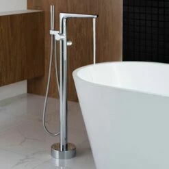 WOODBRIDGE F0013CH Contemporary Single Handle Floor Mount Freestanding Tub Filler Faucet With Hand Shower In Chrome Finish. -Woodbridgebath Shop 5e4f959db5230 thumb 600x600