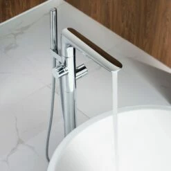 WOODBRIDGE F0013CH Contemporary Single Handle Floor Mount Freestanding Tub Filler Faucet With Hand Shower In Chrome Finish. -Woodbridgebath Shop 5e4f959e32999 thumb 600x600