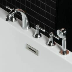 WOODBRIDGE Widespread Deck Mouted 5-Piece Roman Tub Filler With Hand Shower And Metal Lever Handle, Chrome Finish, F-0021 CH -Woodbridgebath Shop 5ebb665bbb072 thumb 600x600