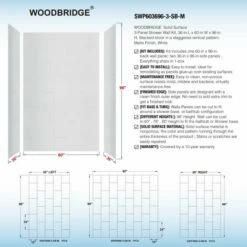 WOODBRIDGE SWP603696-3-SB-M Solid Surface 3-Panel Shower Wall Kit, 36-in L X 60-in W X 96-in H, Stacked Block In A Staggered Vertical Pattern. Matte Finish, White -Woodbridgebath Shop 5f5b12fb2c210 thumb 600x600