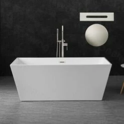 WOODBRIDGE 59" Acrylic Freestanding Bathtub Contemporary Soaking Tub With Brushed Nickel Overflow And Drain,White Tub,B1412 -B/N-Drain &O
