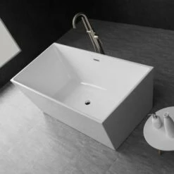 WOODBRIDGE 59" Acrylic Freestanding Bathtub Contemporary Soaking Tub With Brushed Nickel Overflow And Drain,White Tub,B1412 -B/N-Drain &O -Woodbridgebath Shop 5f6087227e879 thumb 600x600