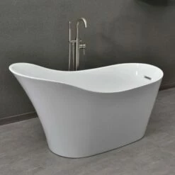 WOODBRIDGE 59" Acrylic Freestanding Bathtub Contemporary Soaking Tub With Brushed Nickel Overflow And Drain,White Tub,B0029-B/N-Drain&O -Woodbridgebath Shop 5f681e068e883 thumb 600x600