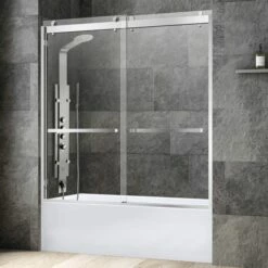 WOODBRIDGE Frameless Bathtub Shower Doors 56-60" Width X 62"Height With 3/8"(10mm) Clear Tempered Glass, 2 Ways Opening & Double Sliding In Brushed Nickel Finish