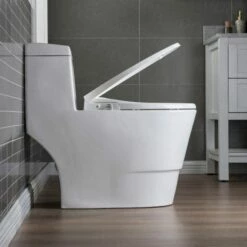 WOODBRIDGE T-0042 One Piece 1.1GPF/1.6 GPF Dual Flush Elongated Toilet With Non-Electric Toilet Seat In White -Woodbridgebath Shop 5f6d4d3f538f1 thumb 600x600