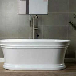 WOODBRIDGE 59 In. Freestanding Double Ended Acrylic Soaking Bathtub With Center Drain Assembly And Overflow, BTA1536/B1536, Glossy White -Woodbridgebath Shop 5f6ffd893a7b0 thumb 600x600