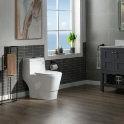 WOODBRIDGEE One Piece Toilet With Soft Closing Seat, Chair Height, 1.28 GPF Dual, Water Sensed, 1000 Gram MaP Flushing Score Toilet With Matte Black Button T0001-MB, White -Woodbridgebath Shop 5f703d5a11b86 thumb 600x600