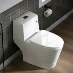 WOODBRIDGEE One Piece Toilet With Soft Closing Seat, Chair Height, 1.28 GPF Dual, Water Sensed, 1000 Gram MaP Flushing Score Toilet With Matte Black Button T0001-MB, White -Woodbridgebath Shop 5f703d5db3cce thumb 600x600