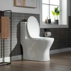 WOODBRIDGE One Piece Short Compact Bathroom Tiny Mini Commode Water Closet Dual Flush Concealed Trapway, Matte Black Button B0500-MB, White -Woodbridgebath Shop 5f7050243c3bb thumb 600x600