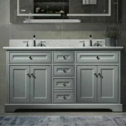 WOODBRIDGE London 60"Bathroom Vanity With Authentic Italian Carrara Marble Top 8" Faucet Holes|Double Rectangle Undermount Sinks|4 Soft Closing Doors And 3 Full Extension Dovetail Drawers | Grey Vanity Color|