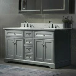 WOODBRIDGE London 60"Bathroom Vanity With Authentic Italian Carrara Marble Top 8" Faucet Holes|Double Rectangle Undermount Sinks|4 Soft Closing Doors And 3 Full Extension Dovetail Drawers | Grey Vanity Color| -Woodbridgebath Shop 5f7fddc9cd9e3 thumb 600x600