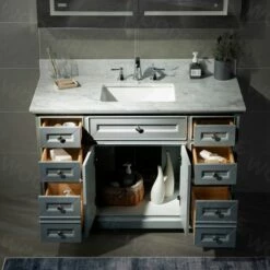 WOODBRIDGE London 48" Bathroom Vanity With Authentic Italian Carrara Marble Top 8" Faucet Holes | Rectangle Undermount Sink | 2 Soft Closing Doors And 6 Full Extension Dovetail Drawers | Grey Vanity Color | -Woodbridgebath Shop 5f83b0dd7e711 thumb 600x600