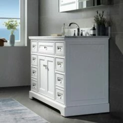 WOODBRIDGE London 48" Bathroom Vanity With Authentic Italian Carrara Marble Top 8" Faucet Holes | Rectangle Undermount Sink | 2 Soft Closing Doors And 6 Full Extension Dovetail Drawers | White Vanity Color | -Woodbridgebath Shop 5f83be5c793a9 thumb 600x600