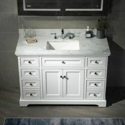 WOODBRIDGE London 48" Bathroom Vanity With Authentic Italian Carrara Marble Top 8" Faucet Holes | Rectangle Undermount Sink | 2 Soft Closing Doors And 6 Full Extension Dovetail Drawers | White Vanity Color | -Woodbridgebath Shop 5f83be5ee65c3 thumb 600x600