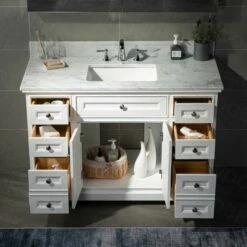 WOODBRIDGE London 48" Bathroom Vanity With Authentic Italian Carrara Marble Top 8" Faucet Holes | Rectangle Undermount Sink | 2 Soft Closing Doors And 6 Full Extension Dovetail Drawers | White Vanity Color | -Woodbridgebath Shop 5f83be5f7859f thumb 600x600