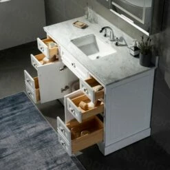 WOODBRIDGE London 48" Bathroom Vanity With Authentic Italian Carrara Marble Top 8" Faucet Holes | Rectangle Undermount Sink | 2 Soft Closing Doors And 6 Full Extension Dovetail Drawers | White Vanity Color | -Woodbridgebath Shop 5f83be5fda292 thumb 600x600