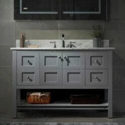 Sydney 48" Bathroom Vanity With Authentic Italian Carrara Marble Top 8" Faucet Holes | Rectangle Undermount Sink | 2 Soft Closing Doors And 4 Full Extension Dovetail Drawers | Grey Vanity Color |
