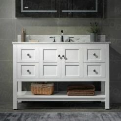 Sydney 48" Bathroom Vanity With Authentic Italian Carrara Marble Top 8" Faucet Holes | Rectangle Undermount Sink | 2 Soft Closing Doors And 4 Full Extension Dovetail Drawers | White Vanity Color |