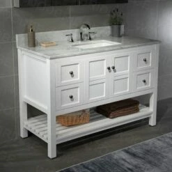 Sydney 48" Bathroom Vanity With Authentic Italian Carrara Marble Top 8" Faucet Holes | Rectangle Undermount Sink | 2 Soft Closing Doors And 4 Full Extension Dovetail Drawers | White Vanity Color | -Woodbridgebath Shop 5f83cad5b09d8 thumb 600x600