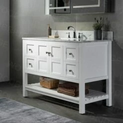 Sydney 48" Bathroom Vanity With Authentic Italian Carrara Marble Top 8" Faucet Holes | Rectangle Undermount Sink | 2 Soft Closing Doors And 4 Full Extension Dovetail Drawers | White Vanity Color | -Woodbridgebath Shop 5f83cad5f02cc thumb 600x600