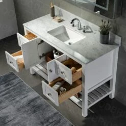 Sydney 48" Bathroom Vanity With Authentic Italian Carrara Marble Top 8" Faucet Holes | Rectangle Undermount Sink | 2 Soft Closing Doors And 4 Full Extension Dovetail Drawers | White Vanity Color | -Woodbridgebath Shop 5f83cad64373f thumb 600x600