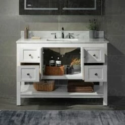 Sydney 48" Bathroom Vanity With Authentic Italian Carrara Marble Top 8" Faucet Holes | Rectangle Undermount Sink | 2 Soft Closing Doors And 4 Full Extension Dovetail Drawers | White Vanity Color | -Woodbridgebath Shop 5f83cad681069 thumb 600x600
