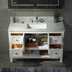 Sydney 48" Bathroom Vanity With Authentic Italian Carrara Marble Top 8" Faucet Holes | Rectangle Undermount Sink | 2 Soft Closing Doors And 4 Full Extension Dovetail Drawers | White Vanity Color | -Woodbridgebath Shop 5f83cad95e03d thumb 600x600