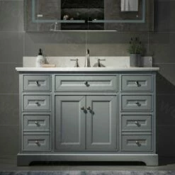 WOODBRIDGE London 48"Bathroom Vanity With Engineered Marble White Carrara Color Top 8" Faucet Holes | Rectangle Undermount Sink |2 Soft Closing Doors And 6 Full Extension Dovetail Drawers |Grey Vanity Color |