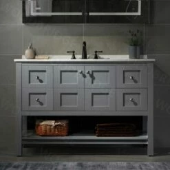 Sydney 48" Inch Solid Wood Bathroom Vanity With White Solid Surface Vanity Top 8" Faucet Holes| 2 Soft Closing Doors And 4 Full Extension Solid Wood Dovetail Drawers | Grey Vanity Color |