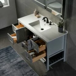Sydney 48" Inch Solid Wood Bathroom Vanity With White Solid Surface Vanity Top 8" Faucet Holes| 2 Soft Closing Doors And 4 Full Extension Solid Wood Dovetail Drawers | Grey Vanity Color | -Woodbridgebath Shop 5f840befa695a thumb 600x600