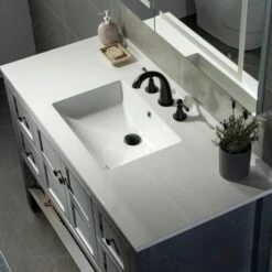 Sydney 48" Inch Solid Wood Bathroom Vanity With White Solid Surface Vanity Top 8" Faucet Holes| 2 Soft Closing Doors And 4 Full Extension Solid Wood Dovetail Drawers | Grey Vanity Color | -Woodbridgebath Shop 5f840bf0336d5 thumb 600x600