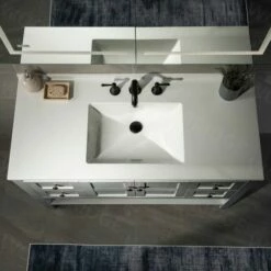 Sydney 48" Inch Solid Wood Bathroom Vanity With White Solid Surface Vanity Top 8" Faucet Holes| 2 Soft Closing Doors And 4 Full Extension Solid Wood Dovetail Drawers | Grey Vanity Color | -Woodbridgebath Shop 5f840bf0ab11b thumb 600x600