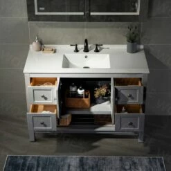 Sydney 48" Inch Solid Wood Bathroom Vanity With White Solid Surface Vanity Top 8" Faucet Holes| 2 Soft Closing Doors And 4 Full Extension Solid Wood Dovetail Drawers | Grey Vanity Color | -Woodbridgebath Shop 5f840bf0b69f4 thumb 600x600