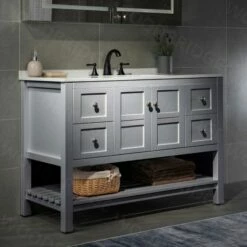 Sydney 48" Inch Solid Wood Bathroom Vanity With White Solid Surface Vanity Top 8" Faucet Holes| 2 Soft Closing Doors And 4 Full Extension Solid Wood Dovetail Drawers | Grey Vanity Color | -Woodbridgebath Shop 5f840bf1d6aa9 thumb 600x600