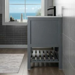 Sydney 48" Inch Solid Wood Bathroom Vanity With White Solid Surface Vanity Top 8" Faucet Holes| 2 Soft Closing Doors And 4 Full Extension Solid Wood Dovetail Drawers | Grey Vanity Color | -Woodbridgebath Shop 5f840bf4790bc thumb 600x600