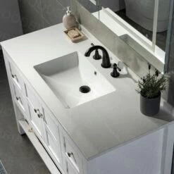 Sydney 48" Inch Solid Wood Bathroom Vanity With White Solid Surface Vanity Top 8" Faucet Holes| 2 Soft Closing Doors And 4 Full Extension Solid Wood Dovetail Drawers | White Vanity Color | -Woodbridgebath Shop 5f8410feee744 thumb 600x600