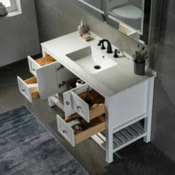 Sydney 48" Inch Solid Wood Bathroom Vanity With White Solid Surface Vanity Top 8" Faucet Holes| 2 Soft Closing Doors And 4 Full Extension Solid Wood Dovetail Drawers | White Vanity Color | -Woodbridgebath Shop 5f8410ff4322b thumb 600x600